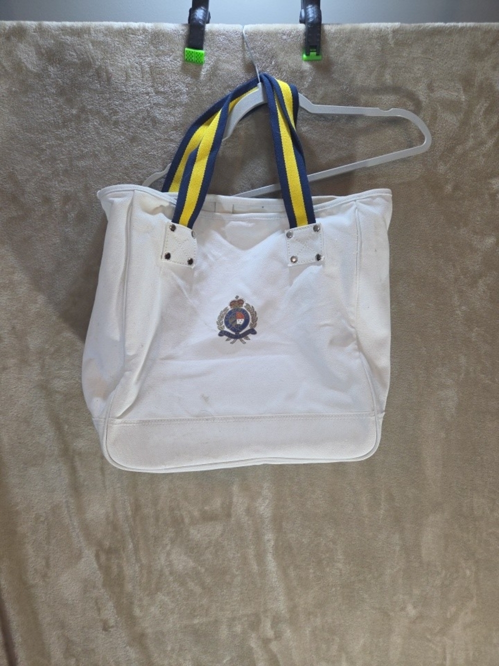 Ralph Lauren White Canvas Tote with Blue and Yellow Striped Handles - Picture 2 of 7